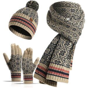 Women's Winter Warm Deep Beige Skull Caps Knit Gloves Beanie Neck Scarves 3 Set